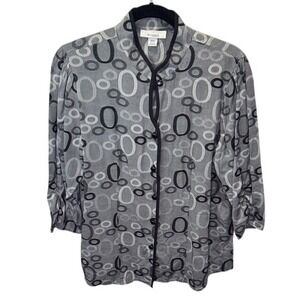 Dressbarn Woman Button Down‎ Top Gray Black Circle Print Size 14/16